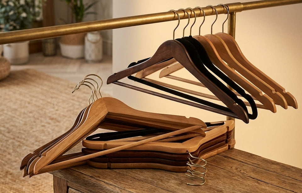 a selection of wooden contoured hangers