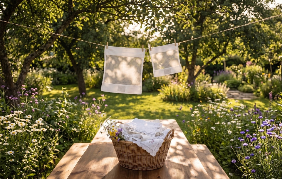 Hayden Hill mesh laundry bags hanging over a wicker basket filled with lace linens in a beautiful summer garden