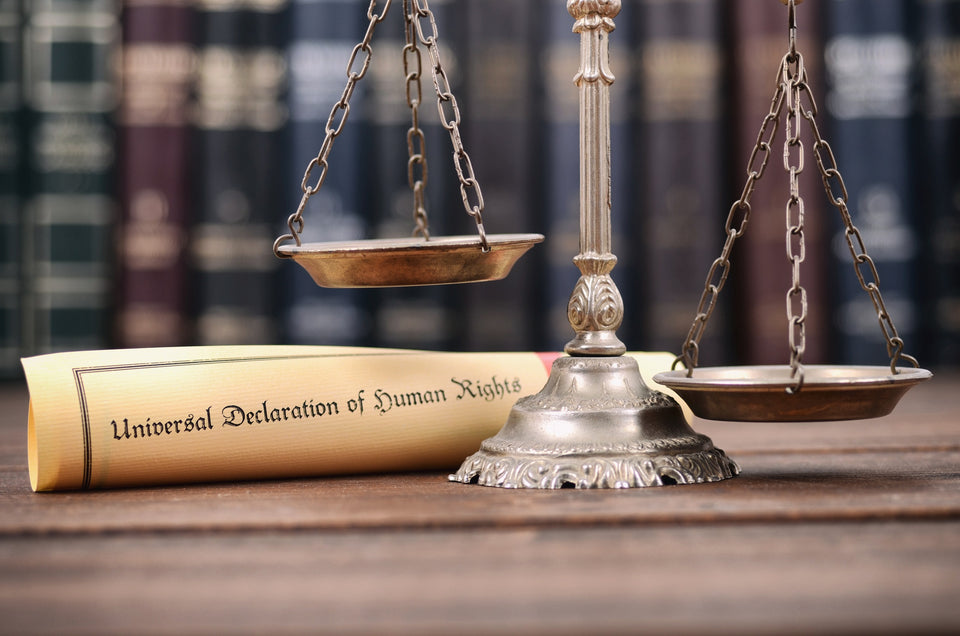 a pair of scales next to a scroll of the Universal Declaration of Human Rights