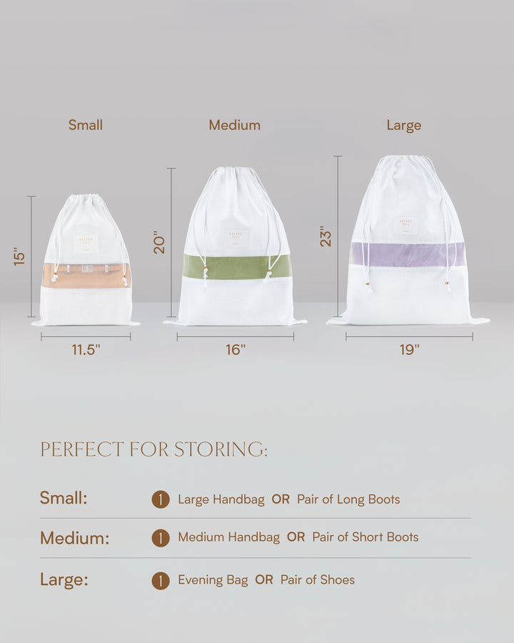 the dimensions in inches for the small medium and large dust bags. The small bags are 15 inches long, 11.5 inches wide, the medium bags are 20 inches long and 16 inches wide and the large bags are 23 inches long and 19 inches wide