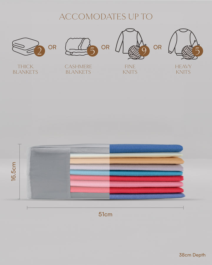 a diagram giving dimensions of the grey double extra large storage bag which is 16.5cm high, 51 cm long and 38 cm deep