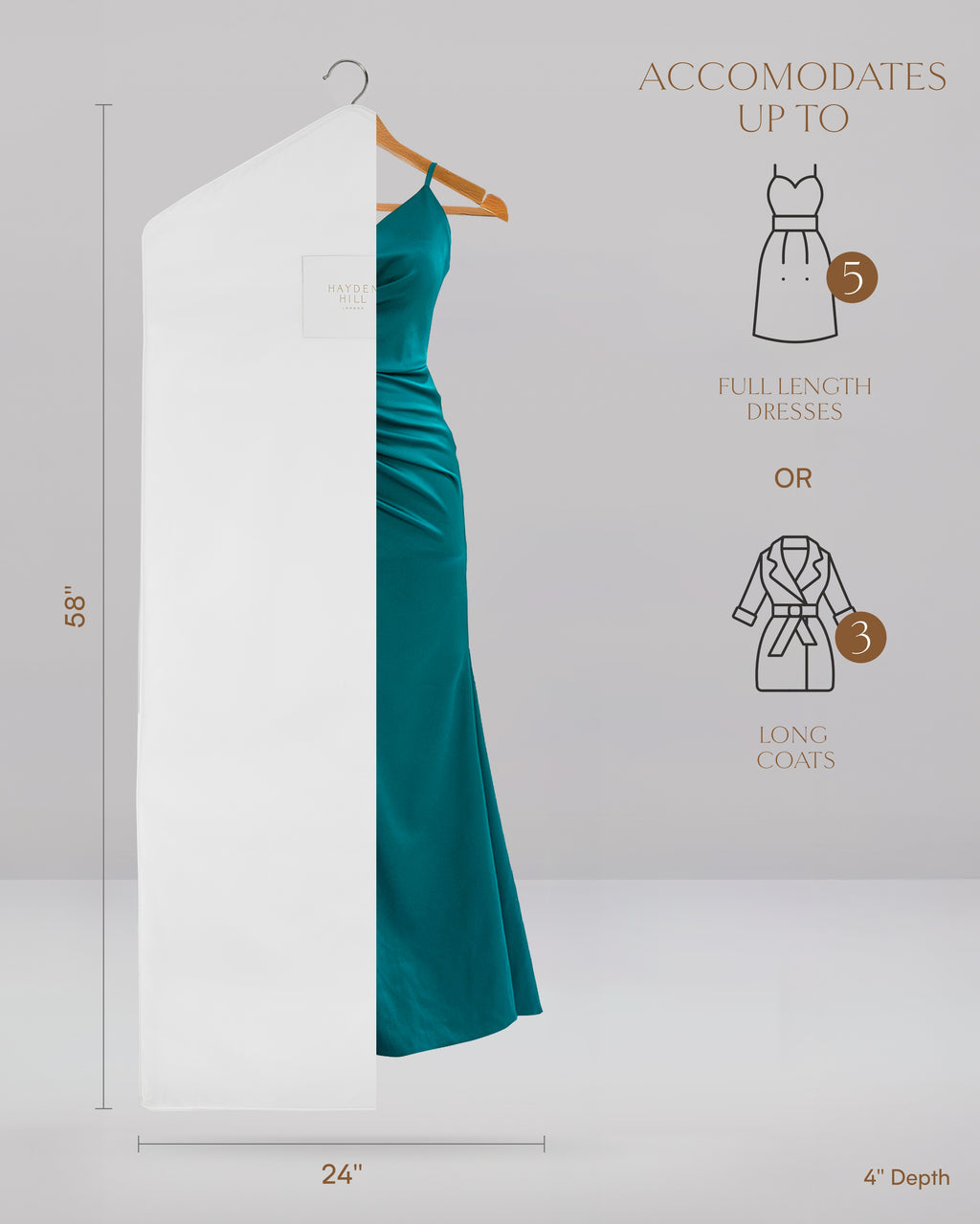 the dimensions in inches for the long hanging bag which are 58 inches long and 24 inches wide with a 4 inch depth