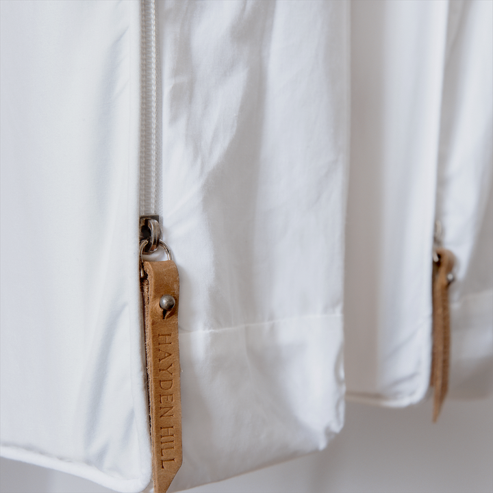 a close up of the leather zipper pull on the edge of a hanging garment bag