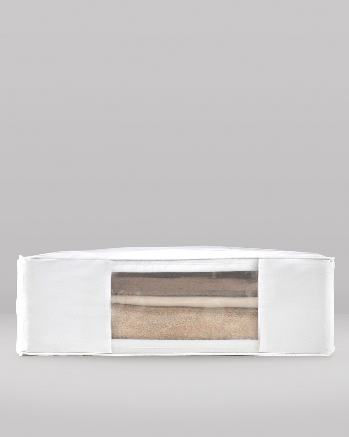 a side view of an extra large storage bag showing the organza mesh panel