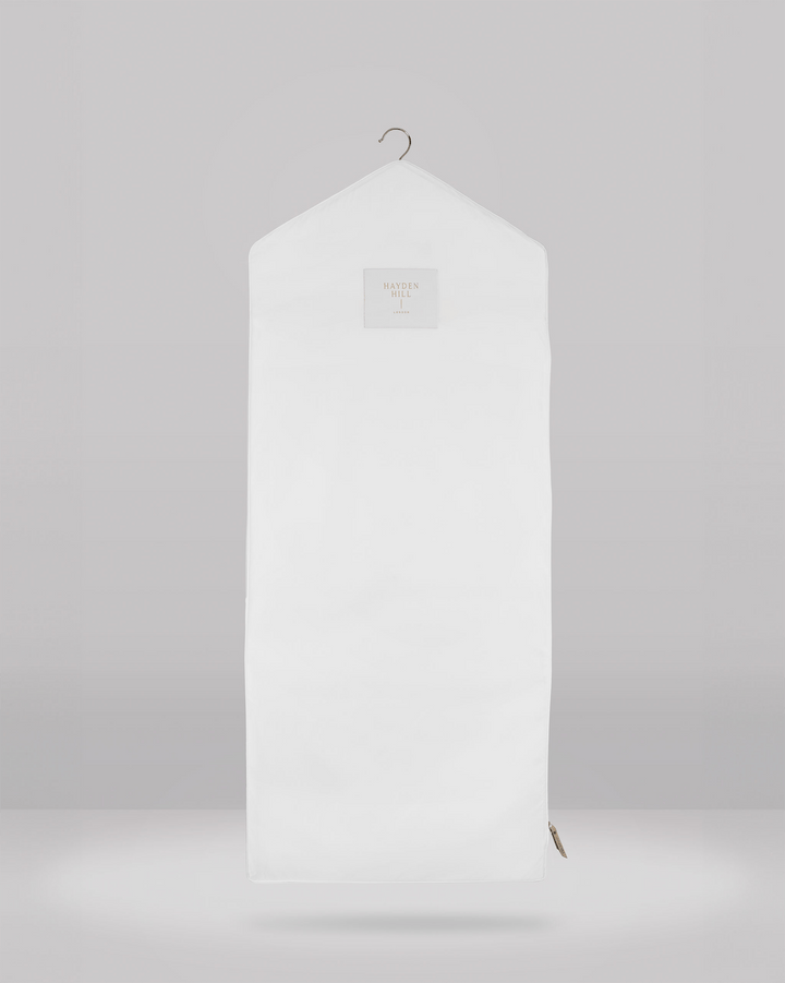 a front view of a long hanging garment bag