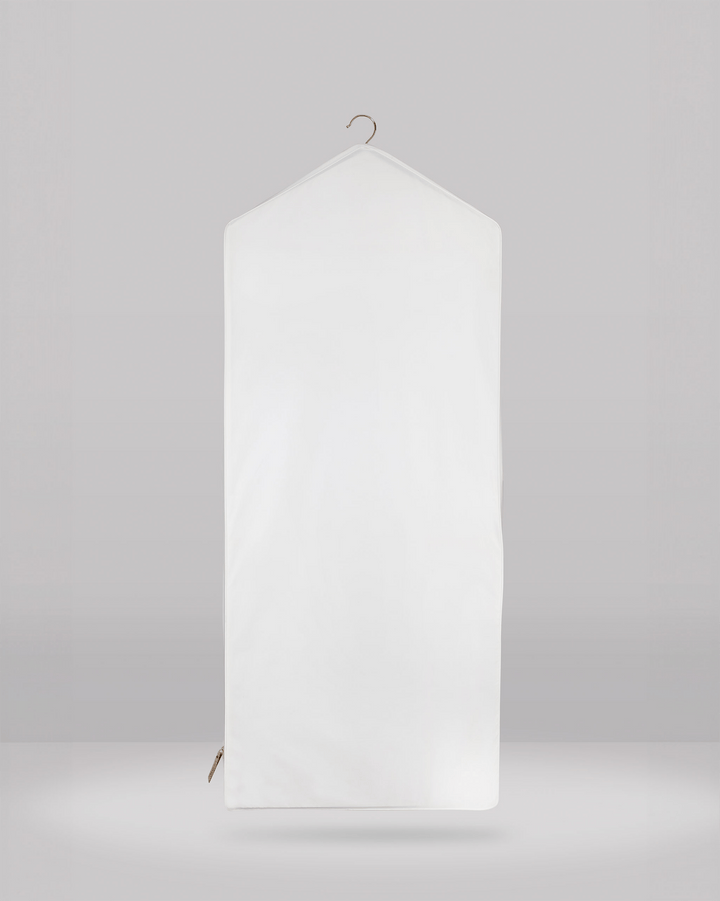 a rear view of a long hanging garment bag