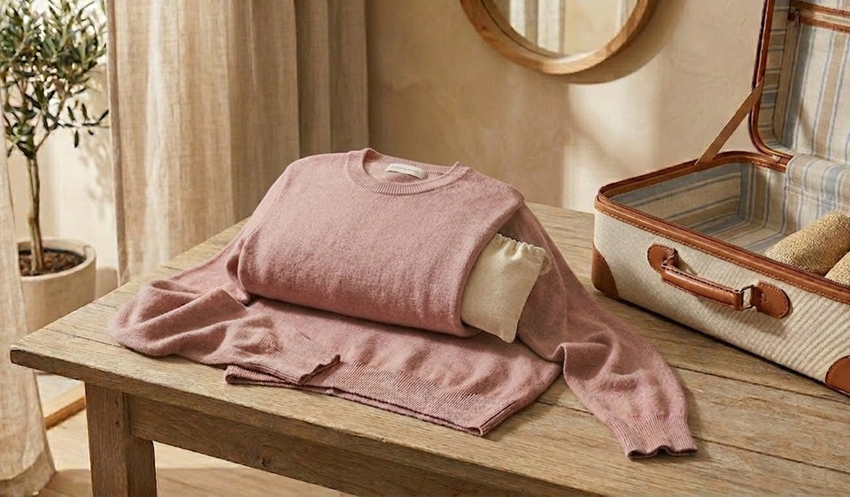 a pink cashmere sweater being rolled around a fabric central core to prepare for packing