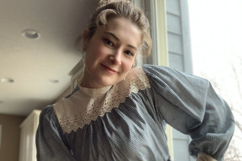 Gabi wearing a Victorian blouse