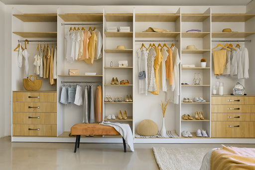 a beautifully organised closet space with hanging clothes and shoes on shelves