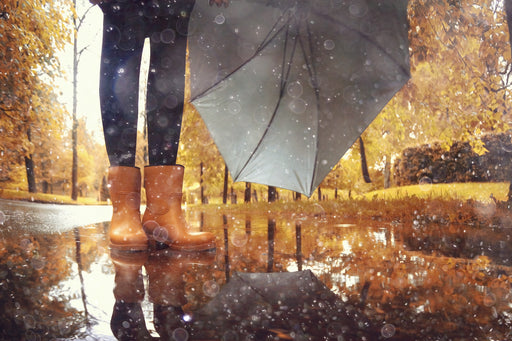 a woman on a Fall day standing in a puddle, wearing rain boots and holding an umbrella