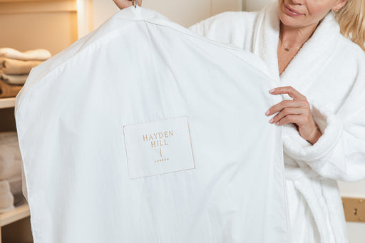 a Hayden Hill 100% organic cotton hanging garment bag