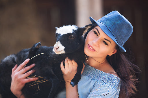 a chic woman wearing a blue top and hat and holding a black and white lamb