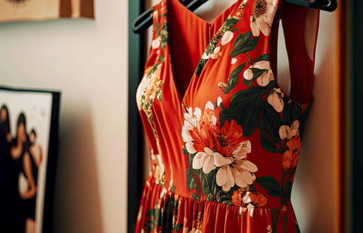 a close up of a brightly patterned v neck sleeveless dress on a hanger