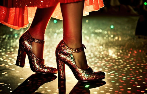 a close up of a pair of glitter shoes on the dance floor