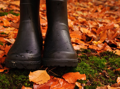 a close up of rain boots standing in copper coloured leaves