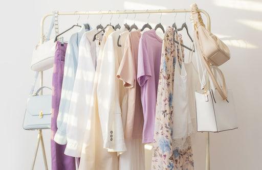 a fresh summer capsule wardrobe consisting of cream, pale blue and lilac