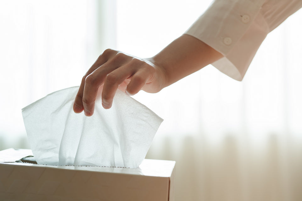 a hand plucking a paper tissue from its box