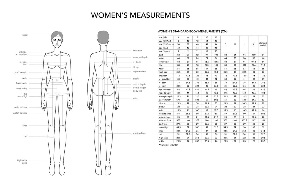 a size chart giving standard body measurements in centimeters