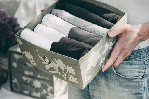 a storage drawer full of men’s folded t-shirts and briefs