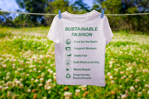 a sustainable message written on a t-shirt hanging on the line