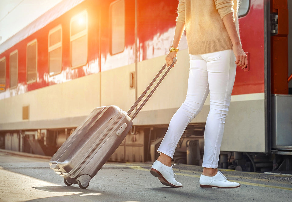a traveler with her suitcase about to board a train