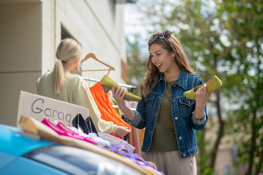 a woman at an outdoor garage sale looking at a pair of shoes