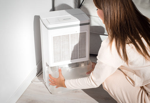 a woman placing a dehumidifier in her home