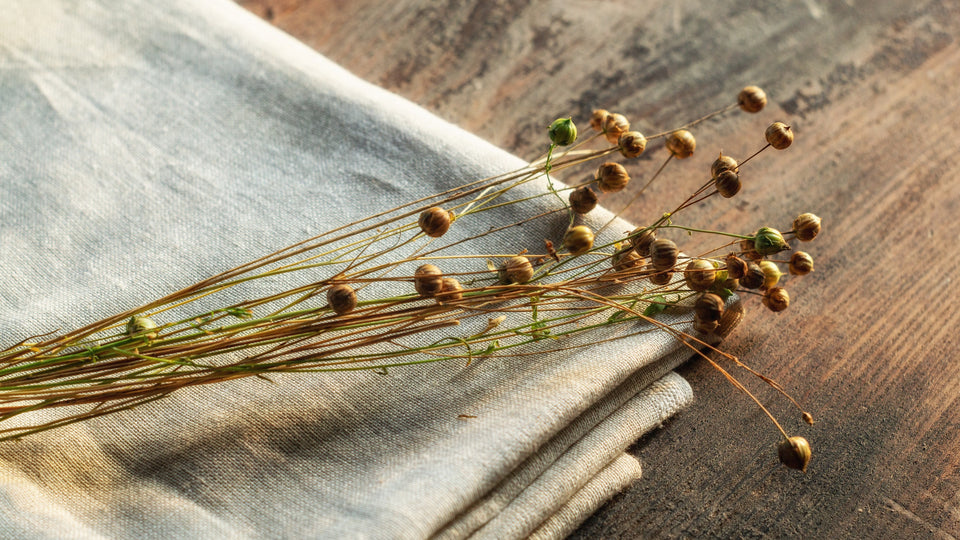 dried flax plants folded linen cloth