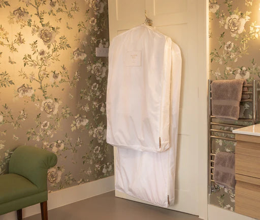 a short and long Hayden Hill organic cotton clothes bag hanging from a door