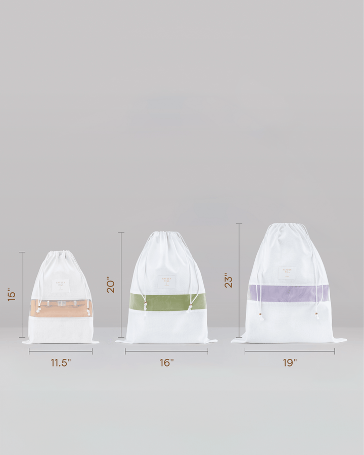 a front view of the small medium and large dust bags with measurements. Small is 15 inches long and 11.5 inches wide, medium is 20 inches long and 16 inches wide, and the large is 23 inches long and 19 inches wide