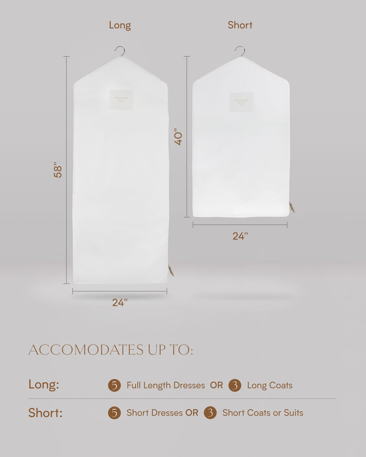 the dimensions guide for the long and short hanging bag.  The long bag is 58 inches long and 24 inches wide and the short bag is 40 inches long and 24 inches wide