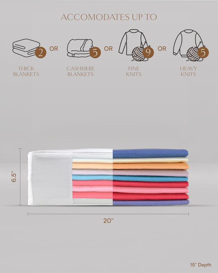 the dimensions in inches for the double extra large storage bag which are 6.5 inches high, 20 inches long and 15 inches deep