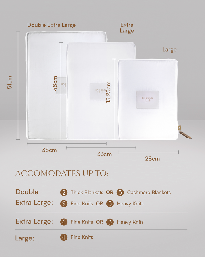 size guides for the double extra large, extra large and large storage bags. Double Extra Large is 51 cm long, and 38 cm wide, Extra Large is 46cm and 33 cm wide and the Large is 13.25 cm long and 28 cm wide