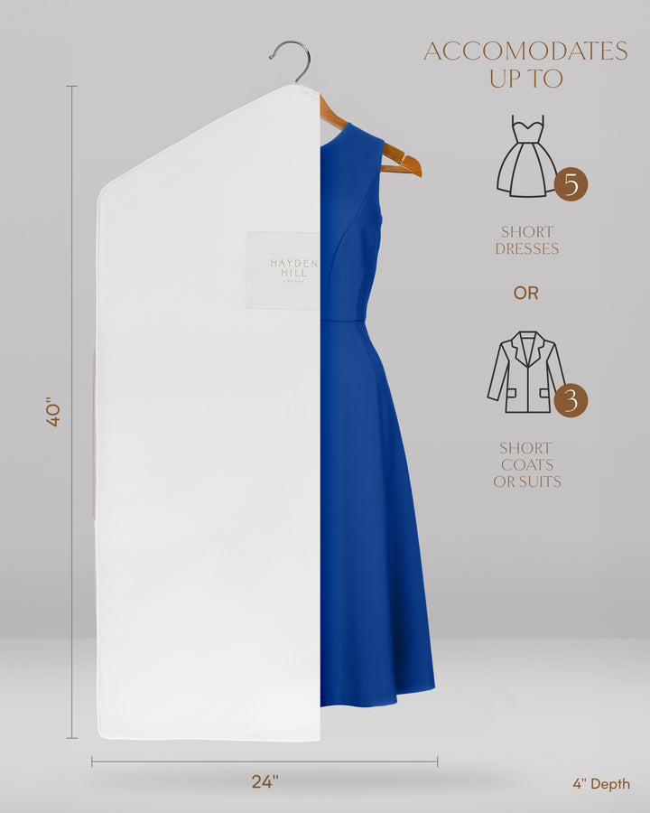 the dimensions in inches for the short hanging bag which are 40 inches long and 24 inches wide with a depth of 4 inches