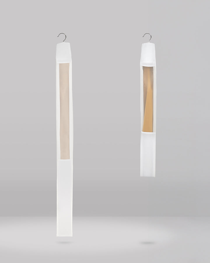 a side view of the long and short hanging bags showing their organza side panels