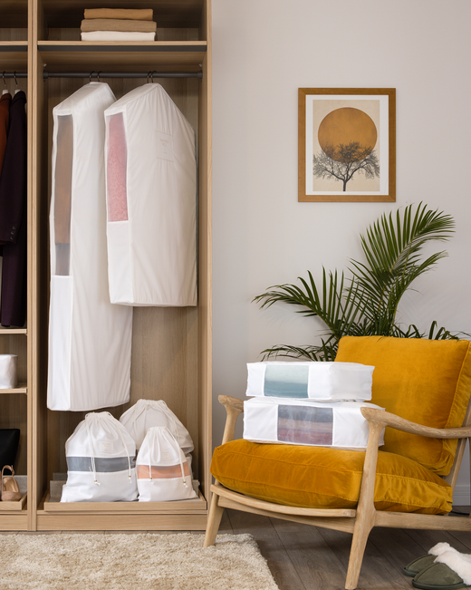 the signature collection which includes the long and short hanging bag, the large and extra large storage bag and the small medium and large dust bags