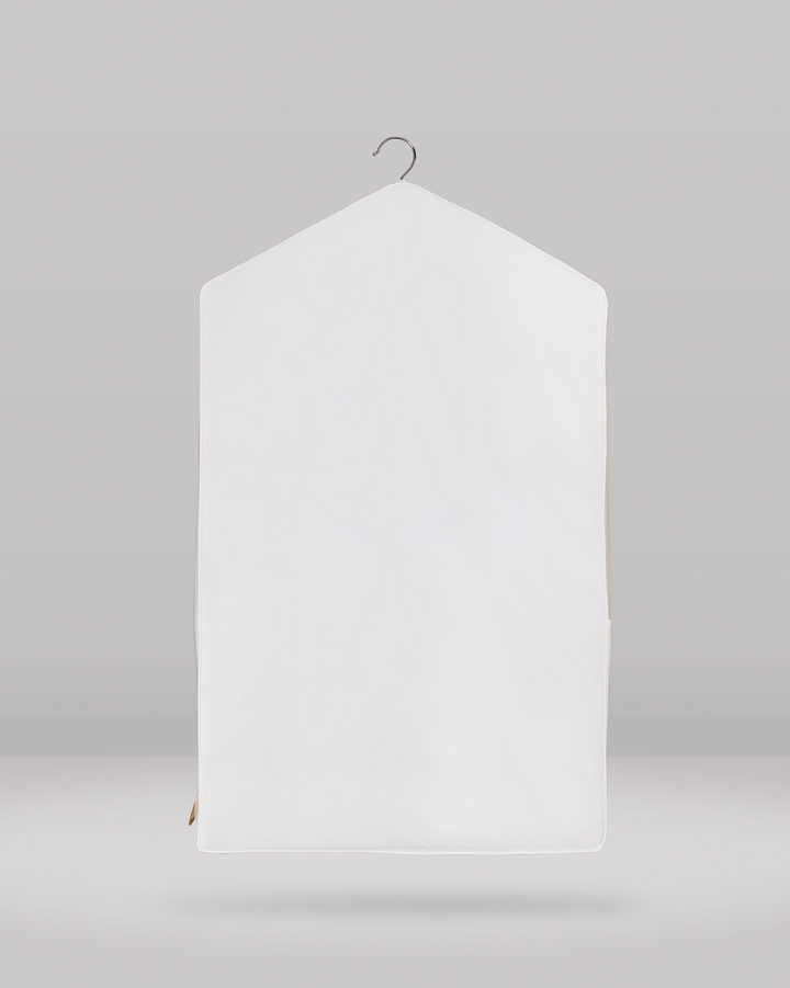 a front view of the short hanging garment bag
