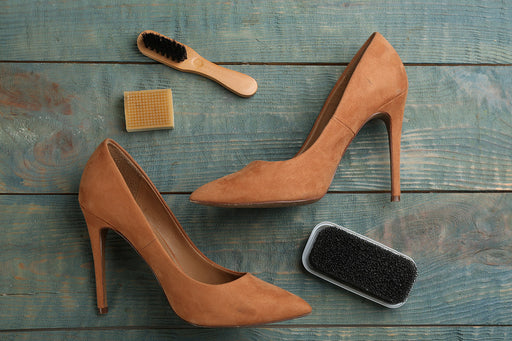 high-heeled tan suede pumps with suede brushes