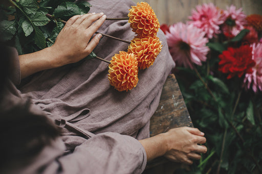 looking down on a woman wearing a brown linen dress and holding some apricot colored dahlias