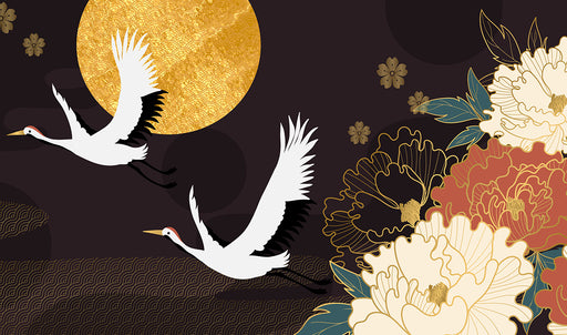 stunning oriental style wallpaper featuring birds, peony flowers and a golden sun