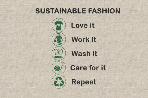 sustainability message printed on linen which reads love it work it wash it care for it repeat