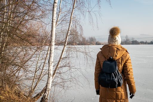 the back view of a person in a winter landscape wearing a bronze colored puffer coat and pom pom hat