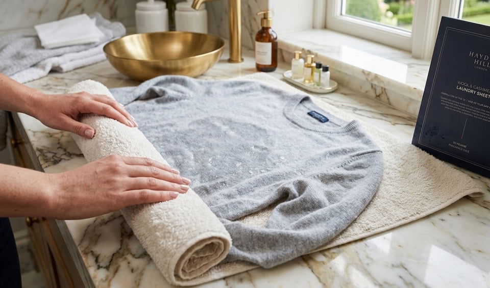 a washed grey cashmere sweater being rolled up in a clean towel to help absorb the excess moisture