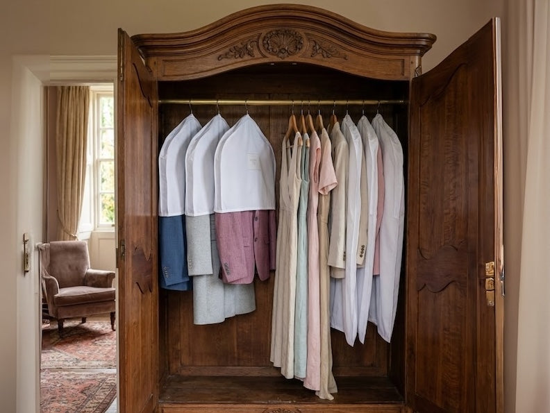 an organised seasonal closet display showing the transition to spring with breathable garment storage and contoured hangers